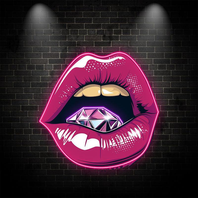 Vibrant Open Lips LED Neon Sign - Bold Red Lips with Large Diamond - Perfect for Beauty Salons & Glamorous Decor