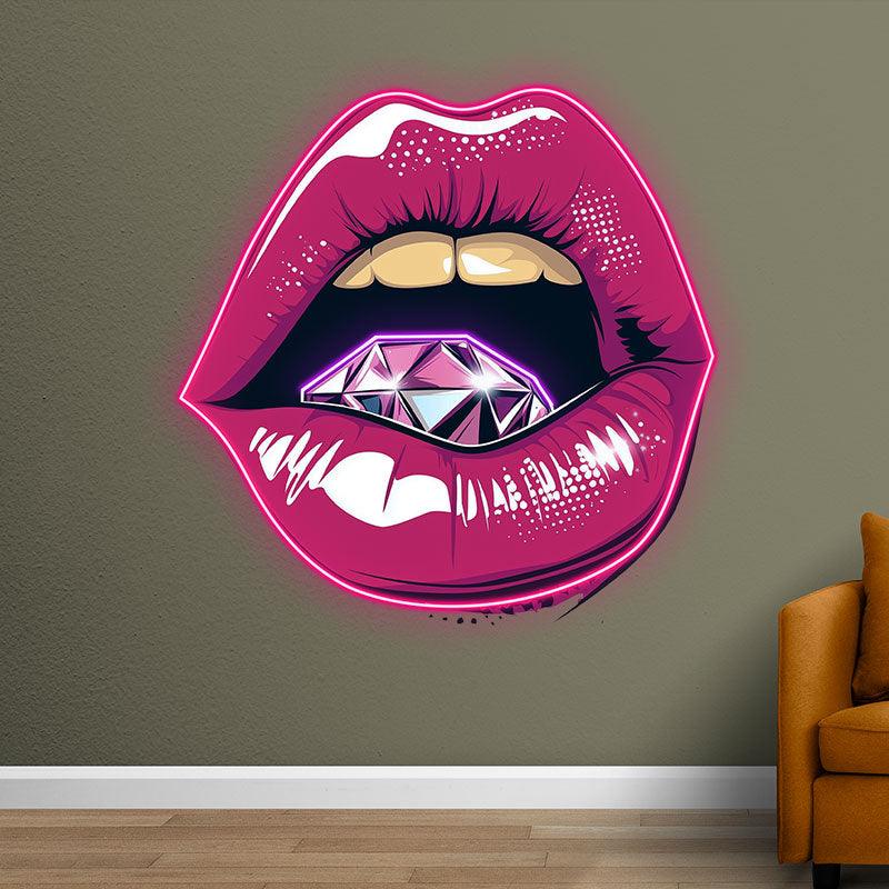 Vibrant Open Lips LED Neon Sign - Bold Red Lips with Large Diamond - Perfect for Beauty Salons & Glamorous Decor