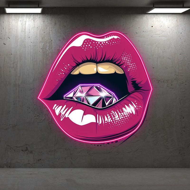 Vibrant Open Lips LED Neon Sign - Bold Red Lips with Large Diamond - Perfect for Beauty Salons & Glamorous Decor