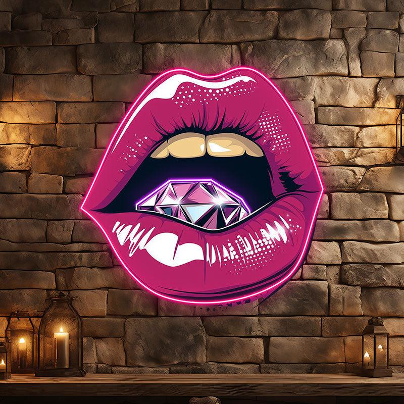 Vibrant Open Lips LED Neon Sign - Bold Red Lips with Large Diamond - Perfect for Beauty Salons & Glamorous Decor