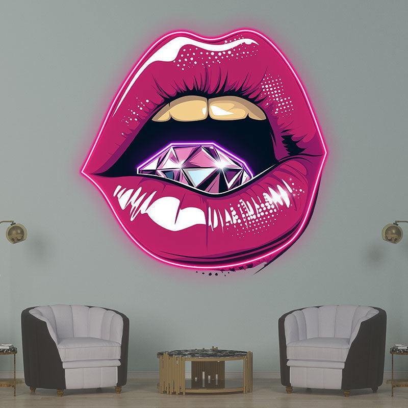 Vibrant Open Lips LED Neon Sign - Bold Red Lips with Large Diamond - Perfect for Beauty Salons & Glamorous Decor