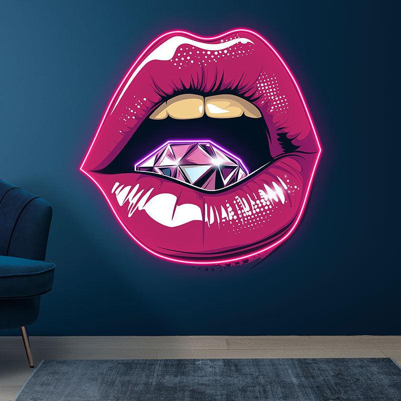 Vibrant Open Lips LED Neon Sign - Bold Red Lips with Large Diamond - Perfect for Beauty Salons & Glamorous Decor