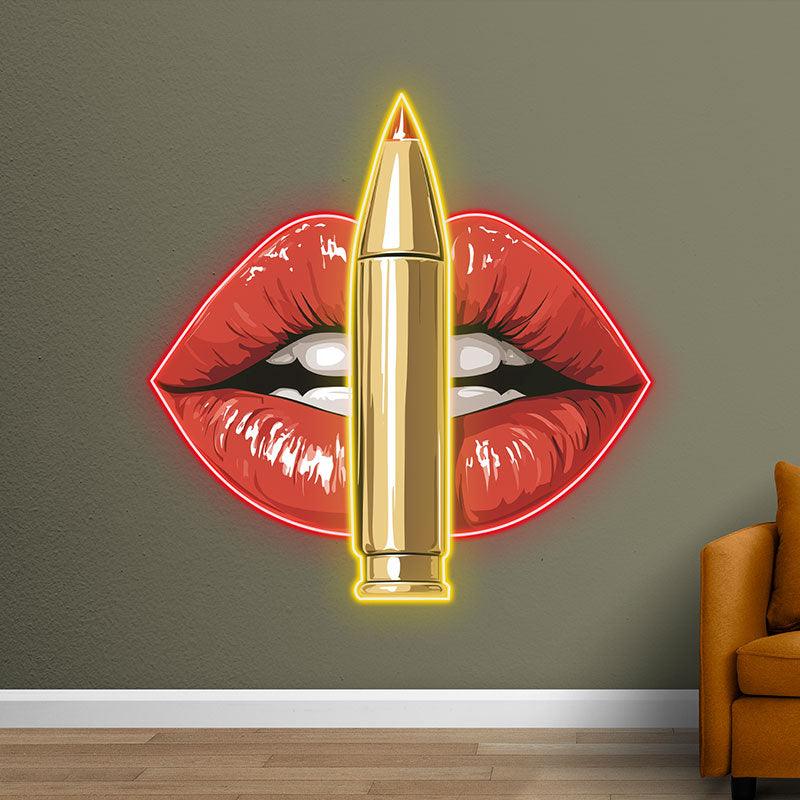 Bold Red Lips LED Neon Sign - Unique Lip Close-Up with Standing Bullet - Perfect for Edgy Decor & Unique Gifts