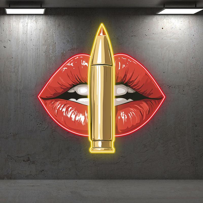 Bold Red Lips LED Neon Sign - Unique Lip Close-Up with Standing Bullet - Perfect for Edgy Decor & Unique Gifts