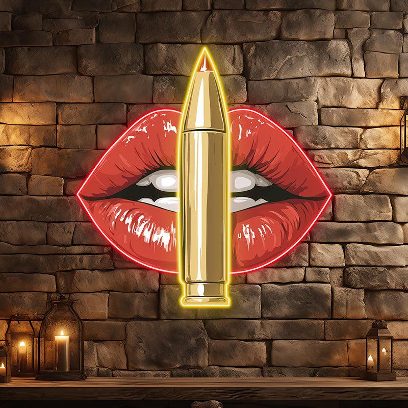 Bold Red Lips LED Neon Sign - Unique Lip Close-Up with Standing Bullet - Perfect for Edgy Decor & Unique Gifts