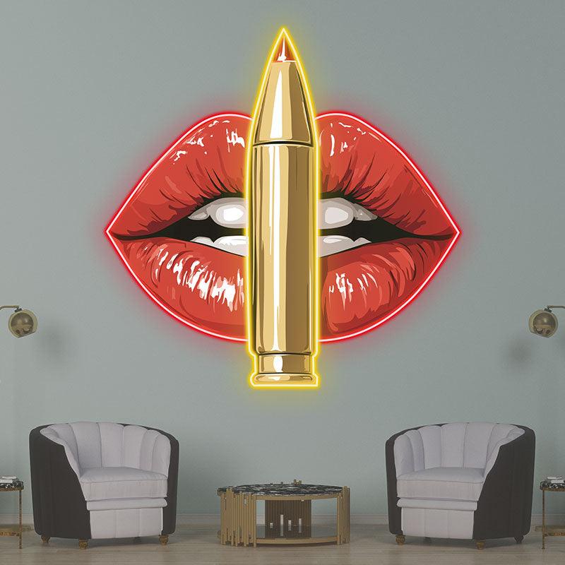 Bold Red Lips LED Neon Sign - Unique Lip Close-Up with Standing Bullet - Perfect for Edgy Decor & Unique Gifts