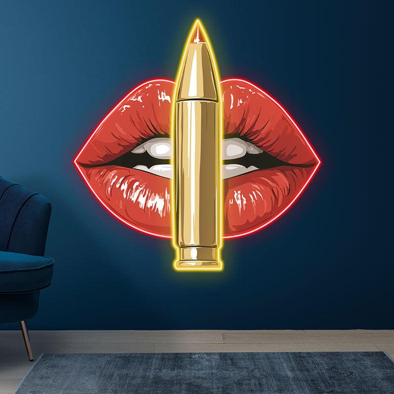 Bold Red Lips LED Neon Sign - Unique Lip Close-Up with Standing Bullet - Perfect for Edgy Decor & Unique Gifts