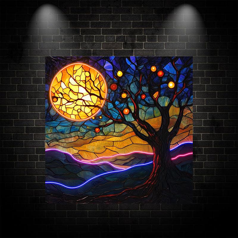 Oil Painting Style Square Photo Frame Neon | Moon Tree Hanging LED Decorative Light | Creative Home Lighting | Suitable for Bedroom, Living Room and Office