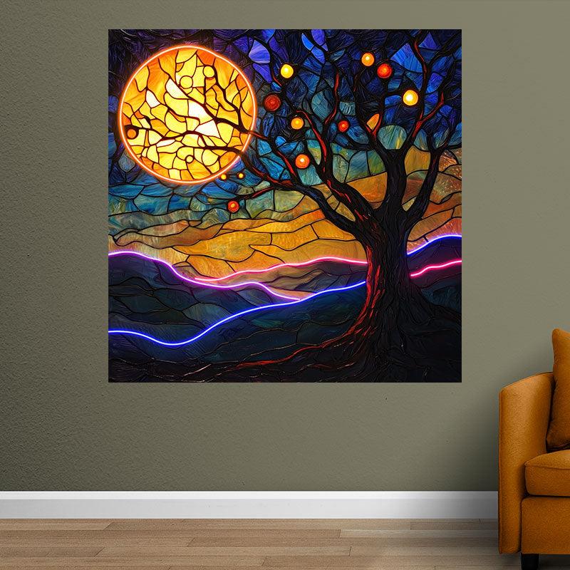 Oil Painting Style Square Photo Frame Neon | Moon Tree Hanging LED Decorative Light | Creative Home Lighting | Suitable for Bedroom, Living Room and Office