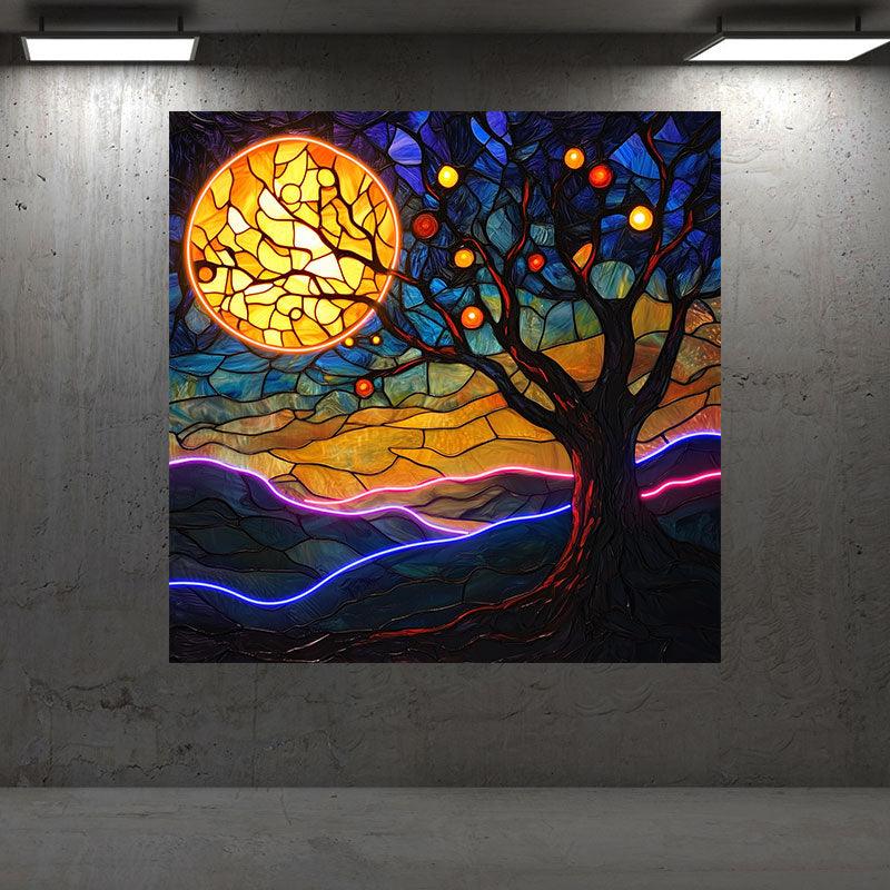 Oil Painting Style Square Photo Frame Neon | Moon Tree Hanging LED Decorative Light | Creative Home Lighting | Suitable for Bedroom, Living Room and Office