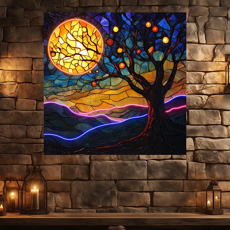 Oil Painting Style Square Photo Frame Neon | Moon Tree Hanging LED Decorative Light | Creative Home Lighting | Suitable for Bedroom, Living Room and Office