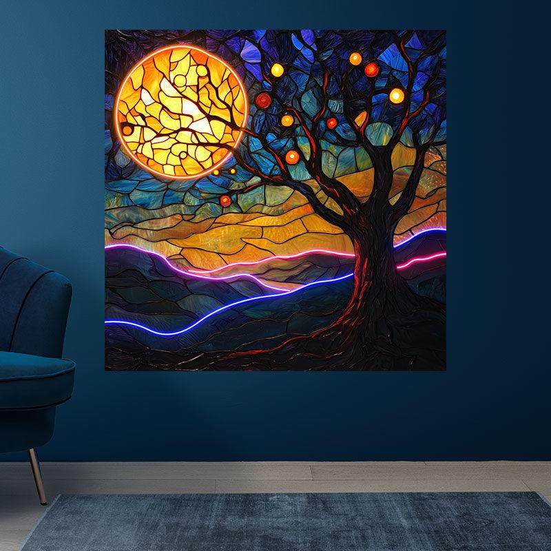 Oil Painting Style Square Photo Frame Neon | Moon Tree Hanging LED Decorative Light | Creative Home Lighting | Suitable for Bedroom, Living Room and Office