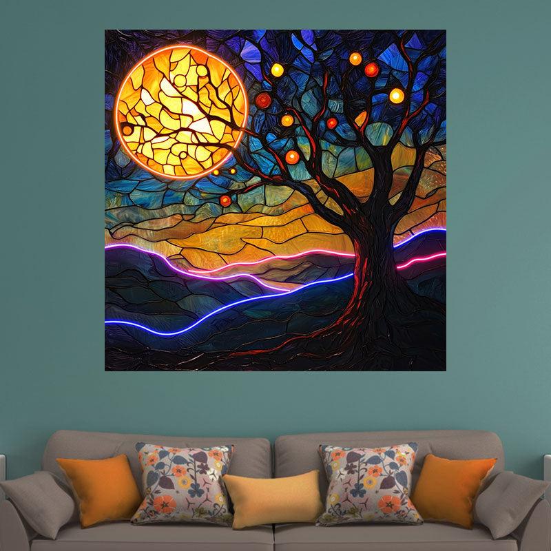 Oil Painting Style Square Photo Frame Neon | Moon Tree Hanging LED Decorative Light | Creative Home Lighting | Suitable for Bedroom, Living Room and Office