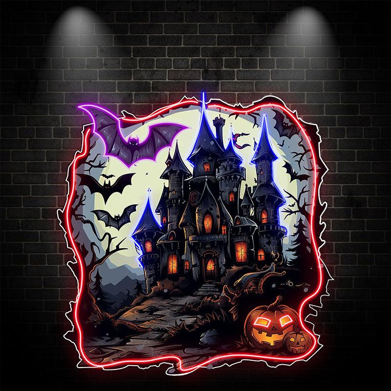 Haunted Castle with Bats and Jack-o’-Lanterns | Spooky Halloween Decor for an Enchanting Night neon signs