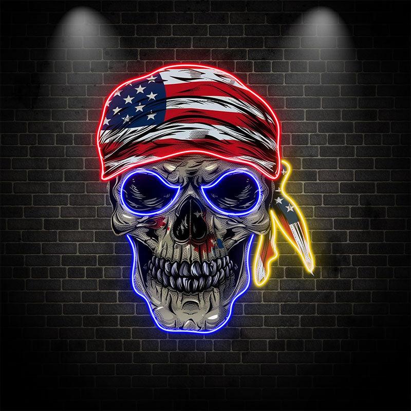 Patriotic Skull Halloween Neon signs Light with American Flag Bandana – Spooky & Festive Decor!