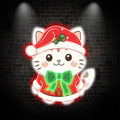 Cute Christmas cat neon signs: wearing a red dress and a green bow tie, bringing holiday joy and coziness