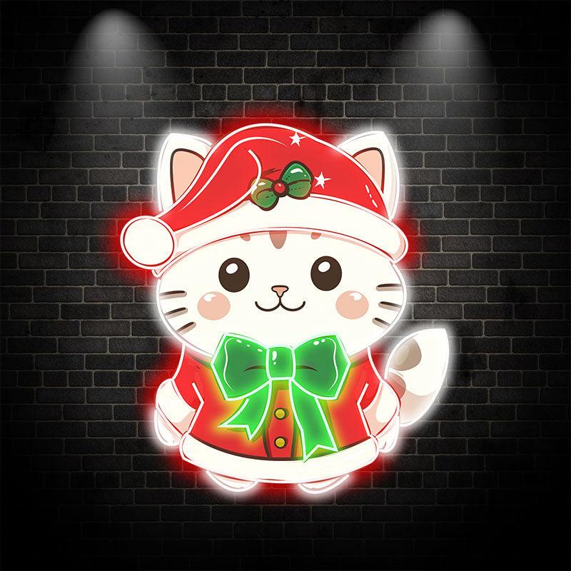 Cute Christmas cat neon signs: wearing a red dress and a green bow tie, bringing holiday joy and coziness