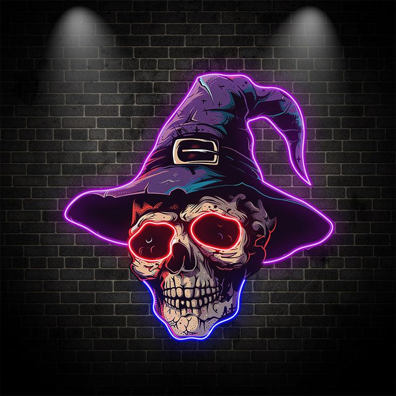 Spooky Skeleton in Wizard Hat and Glasses: Neon signs Halloween Decor for a Magical Touch!