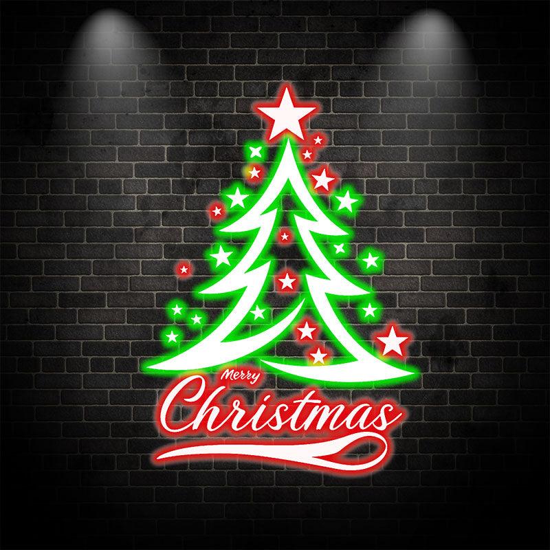 Holiday Cheer neon signs: Sparkling Christmas Tree Decorated with Red and Green Pentagrams