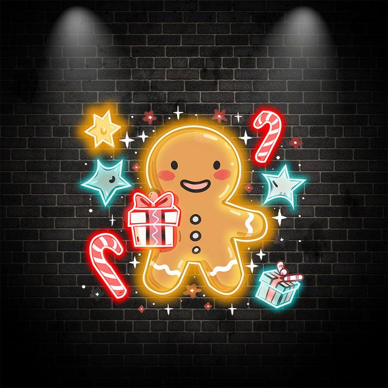 Sparkling Holiday : neon signs Cute Yellow Gingerbread Man with Pentagram and Gifts Fantasy Decoration