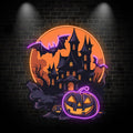 Dark Castle Halloween Neon signs Light | Spooky Moonlit Scene with Bats and Jack-o’-Lanterns Decoration