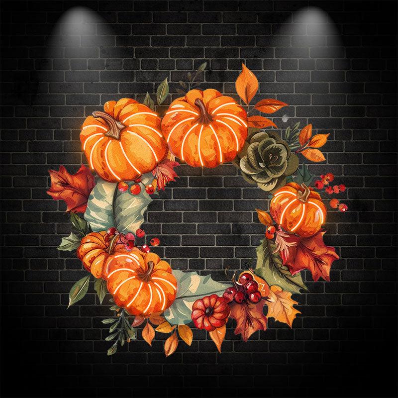 Thanksgiving Fruit Wreath neon signs- Pumpkin, Leaf & Grape Decorated with LED Neon - Perfect Holiday Home Decor!
