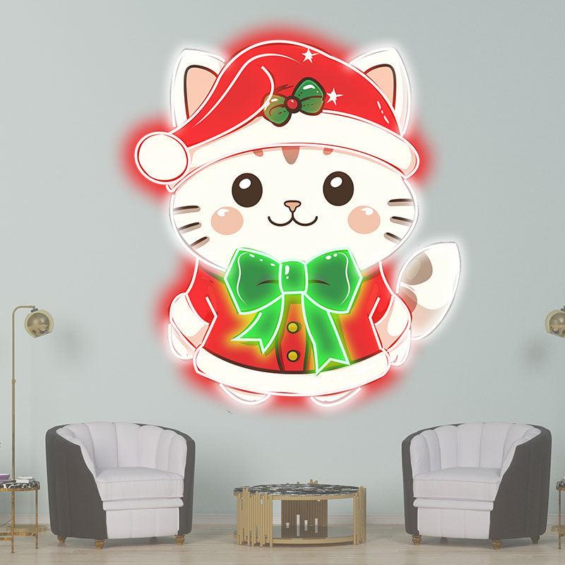 Cute Christmas cat neon signs: wearing a red dress and a green bow tie, bringing holiday joy and coziness