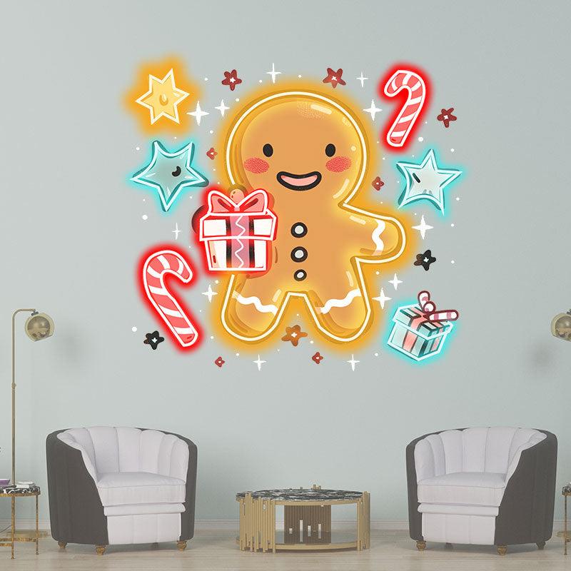 Sparkling Holiday : neon signs Cute Yellow Gingerbread Man with Pentagram and Gifts Fantasy Decoration