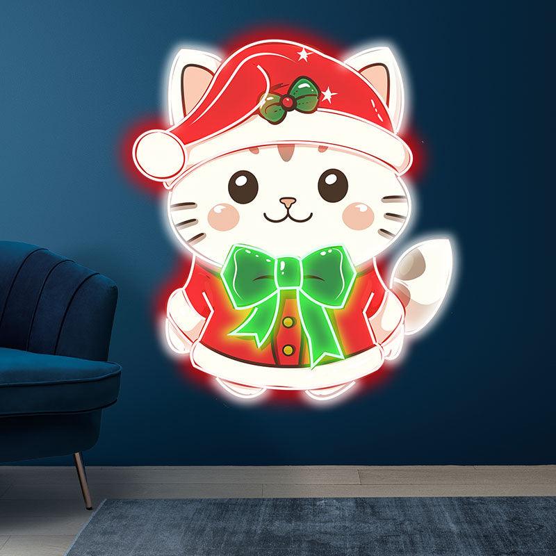 Cute Christmas cat neon signs: wearing a red dress and a green bow tie, bringing holiday joy and coziness