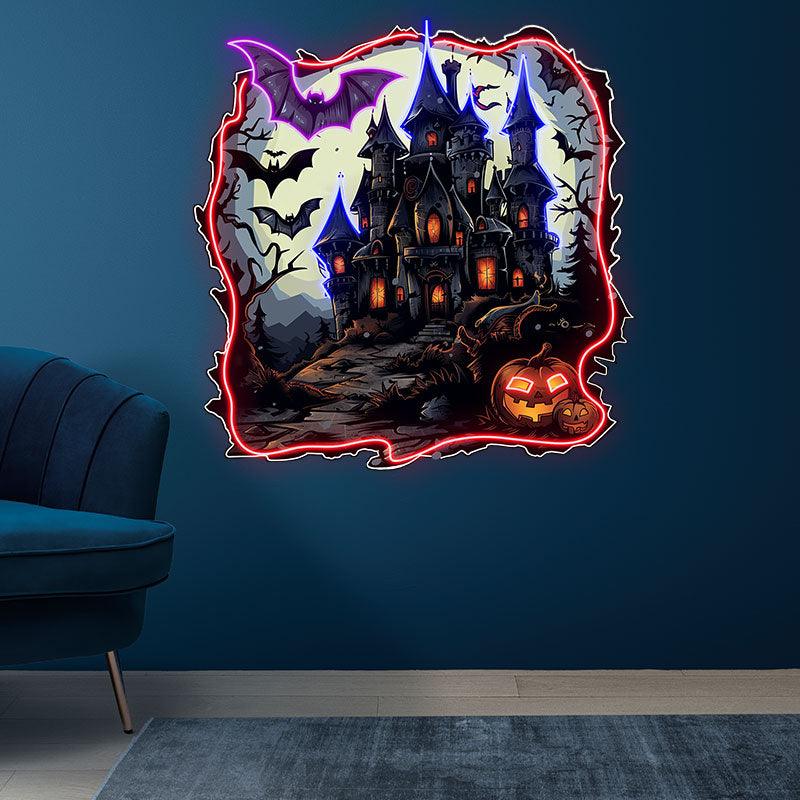 Haunted Castle with Bats and Jack-o’-Lanterns | Spooky Halloween Decor for an Enchanting Night neon signs