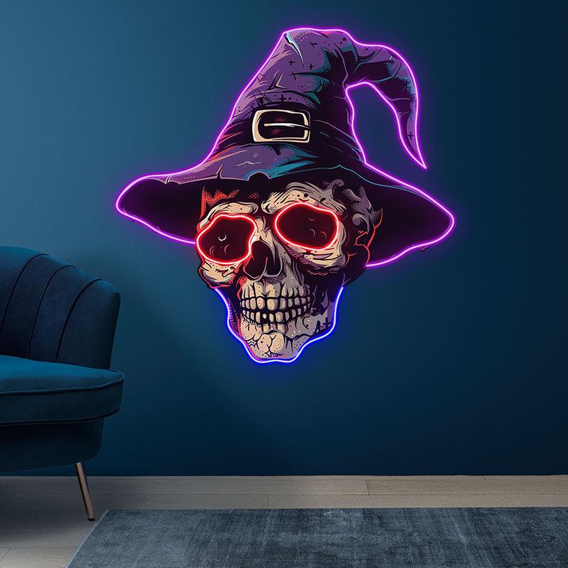 Spooky Skeleton in Wizard Hat and Glasses: Neon signs Halloween Decor for a Magical Touch!