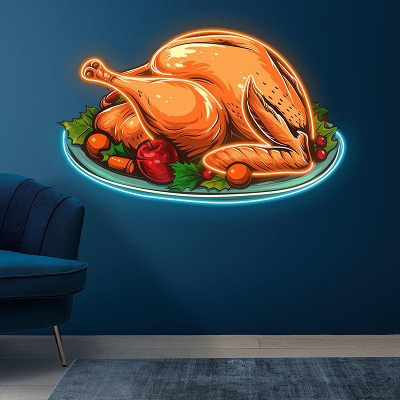 Bountiful Thanksgiving: golden turkey served on a platter for a delicious feast neon signs