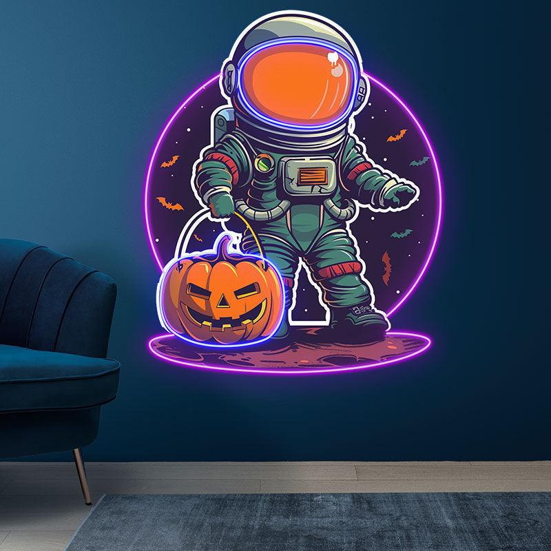 Astronaut Carrying Pumpkin Lights LED Neon signs | Purple Bat Glass Bubble Background Decorative Lights | Creative Halloween Home Lighting