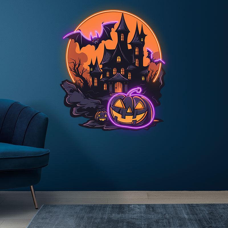 Dark Castle Halloween Neon signs Light | Spooky Moonlit Scene with Bats and Jack-o’-Lanterns Decoration