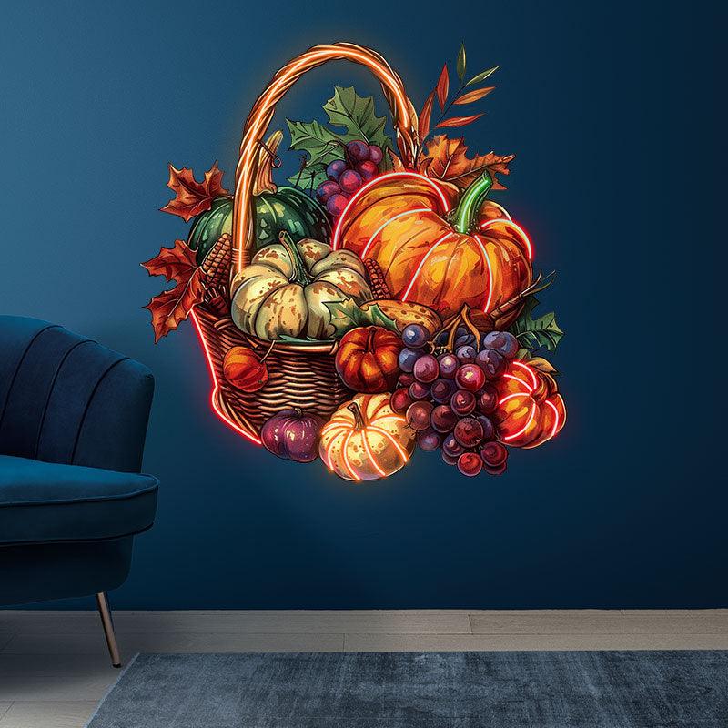 Thanksgiving Harvest Basket:neon signs a cozy combination of pumpkins, grapes and maple leaves