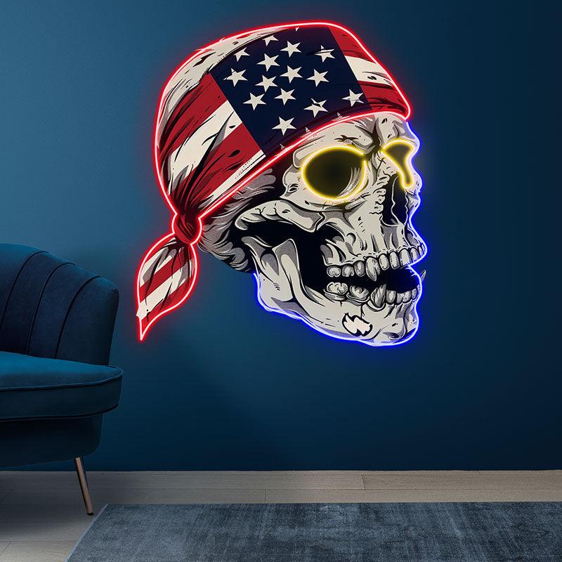 Side View Neon signs Light of a Skull Wearing an American Flag Bandana: A Spooky and Patriotic Decor!
