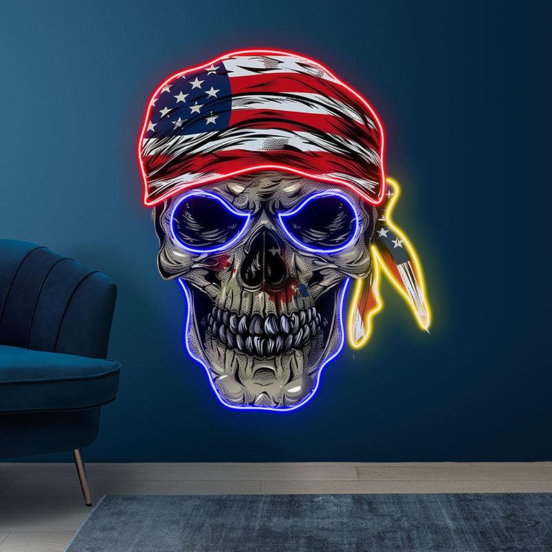 Patriotic Skull Halloween Neon signs Light with American Flag Bandana – Spooky & Festive Decor!
