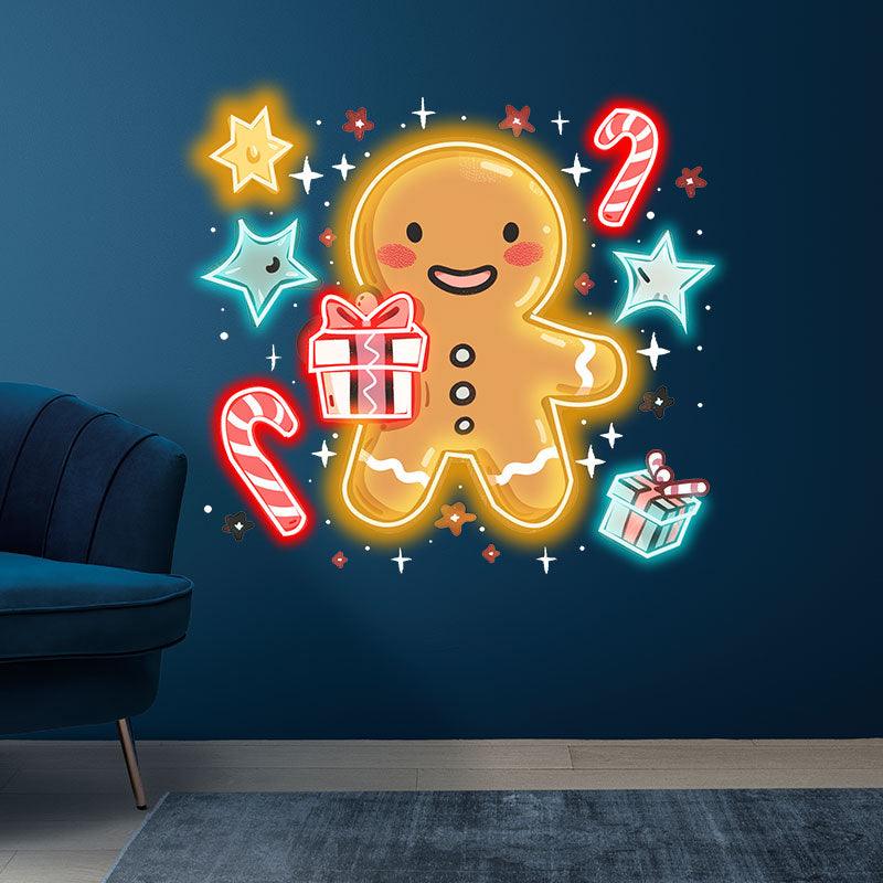 Sparkling Holiday : neon signs Cute Yellow Gingerbread Man with Pentagram and Gifts Fantasy Decoration