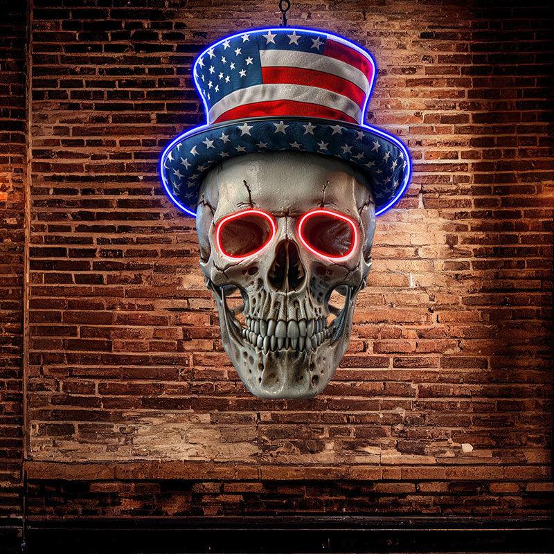 Smiling Skull with American Flag Hat and Glasses: neon signs A Fun and Patriotic Decor!