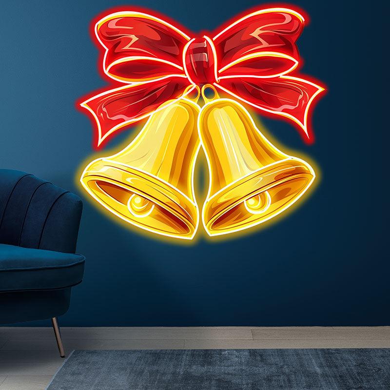 Christmas Bells Neon signs | Red Bow Tie Decoration | Happiness & Joy LED Lights Decoration | Perfect Holiday Gifts