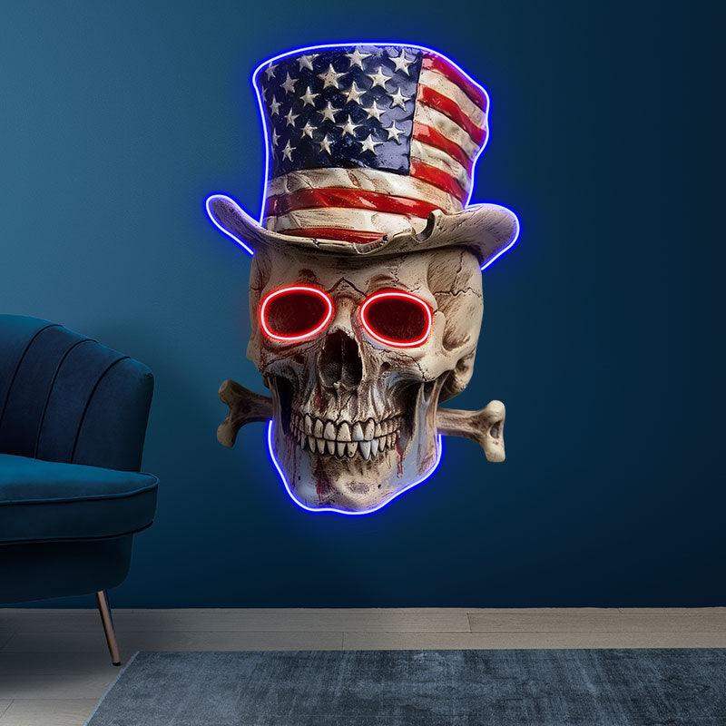 Patriotic Skull Wearing an American Flag Hat: neon signs A Bold and Unique Decoration!
