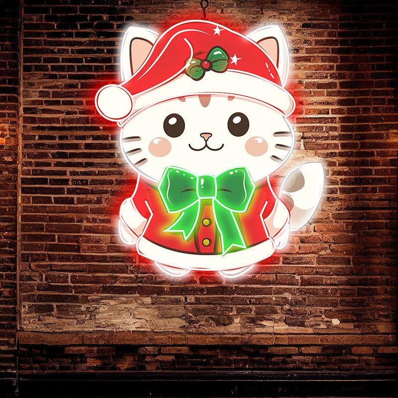 Cute Christmas cat neon signs: wearing a red dress and a green bow tie, bringing holiday joy and coziness