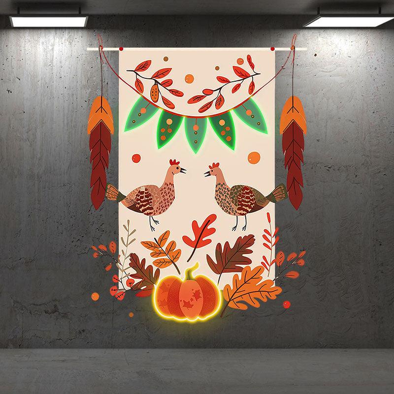 Thanksgiving Tinsel neon signs- Two Turkeys in Love, Surrounded by the Cozy Vibe of Pumpkins and Maple Leaves