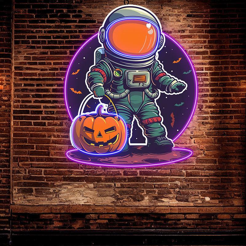 Astronaut Carrying Pumpkin Lights LED Neon signs | Purple Bat Glass Bubble Background Decorative Lights | Creative Halloween Home Lighting