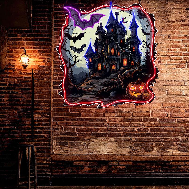 Haunted Castle with Bats and Jack-o’-Lanterns | Spooky Halloween Decor for an Enchanting Night neon signs