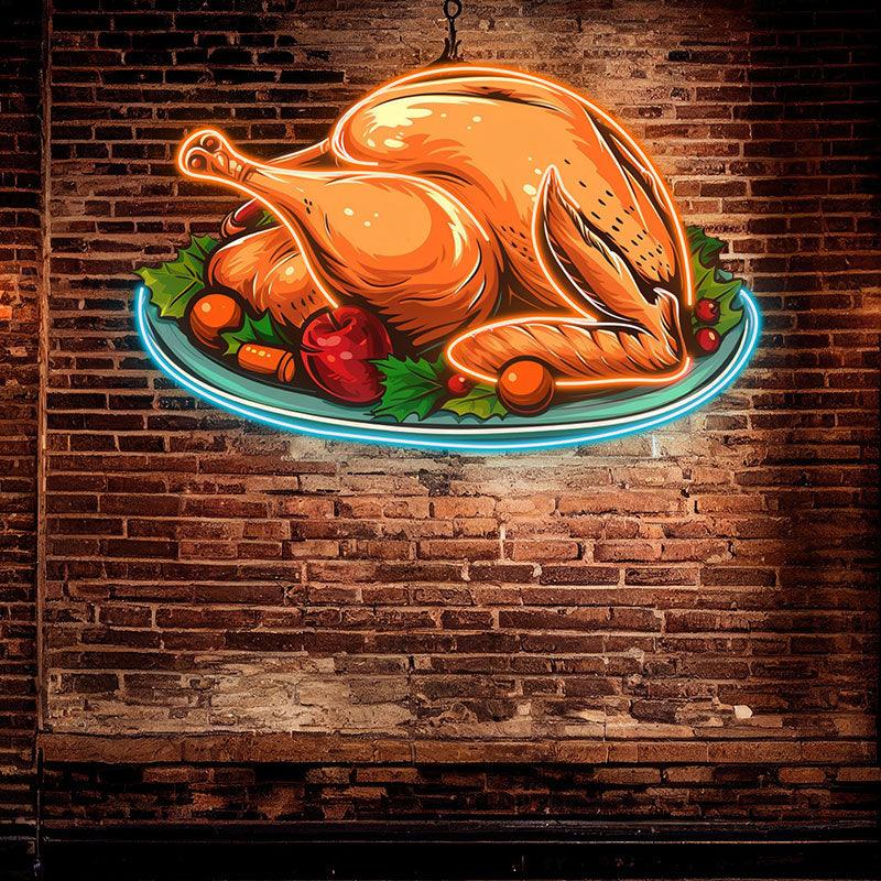 Bountiful Thanksgiving: golden turkey served on a platter for a delicious feast neon signs