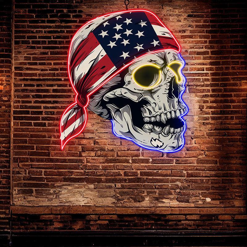 Side View Neon signs Light of a Skull Wearing an American Flag Bandana: A Spooky and Patriotic Decor!