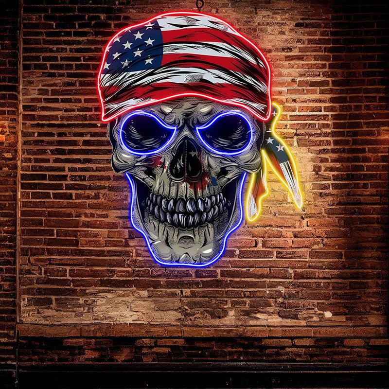 Patriotic Skull Halloween Neon signs Light with American Flag Bandana – Spooky & Festive Decor!