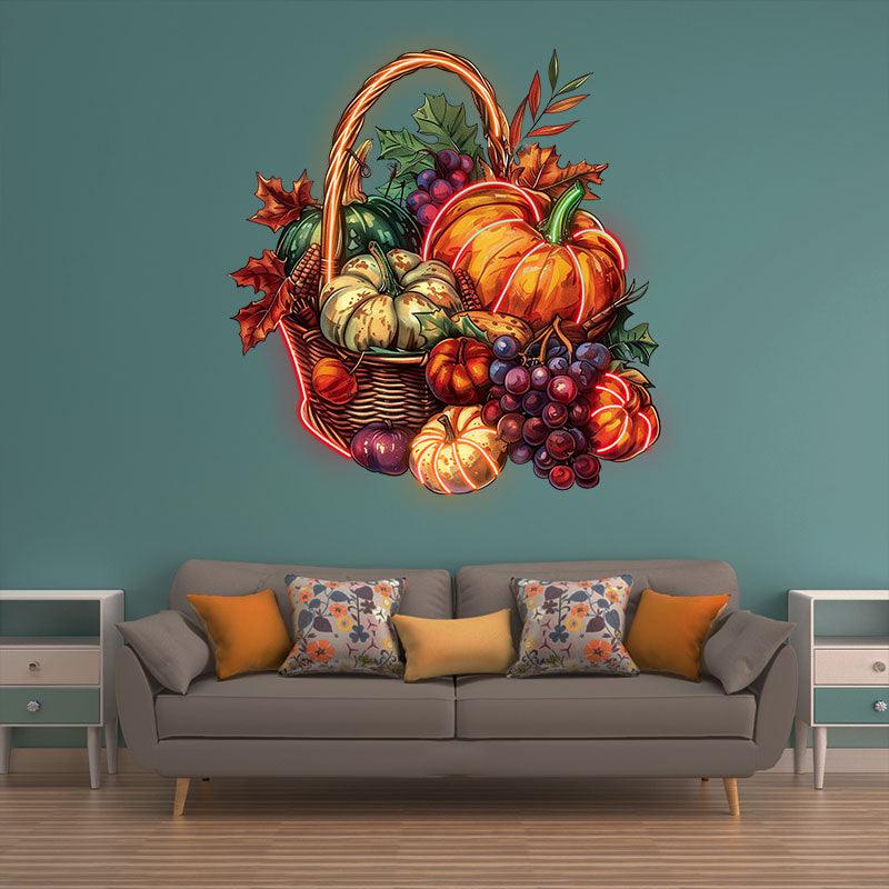 Thanksgiving Harvest Basket:neon signs a cozy combination of pumpkins, grapes and maple leaves