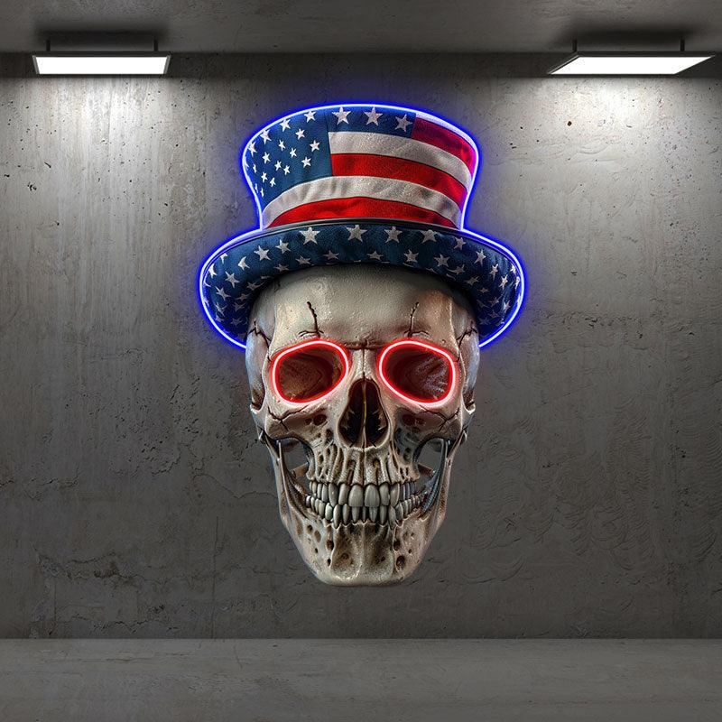 Smiling Skull with American Flag Hat and Glasses: neon signs A Fun and Patriotic Decor!